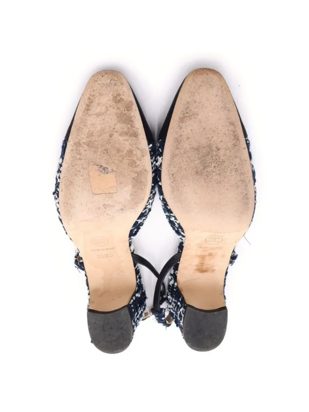 Chanel CC Logo Tweed Sling Back Heels Pumps Shoes Navy